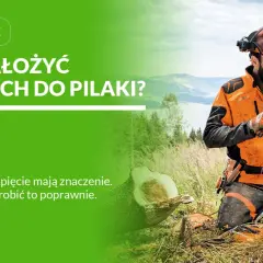 Drwal w pomarańczowej kurtce sprawdza kierunek zakładania łańcucha do piły. Prawidłowe napięcie jest kluczowe.