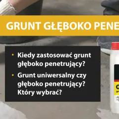 Ręka w rękawicy nakłada grunt głęboko penetrujący pędzlem na betonową posadzkę. Obok kanister z produktem.