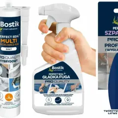 Bostik Perfect Seal: czym odtłuścić przed silikonowaniem? Zestaw zawiera uszczelniacz hybrydowy, wygładzacz fugi w sprayu i szpachelkę.