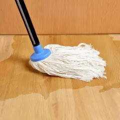 Mop na drewnianej podłodze, gdzie widać zalane panele na łączeniach. Woda rozlewa się po jasnym drewnie.