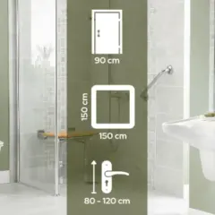 Wymiary łazienki dla niepełnosprawnych: drzwi 90 cm, przestrzeń manewrowa 150x150 cm, wysokość uchwytu 80-120 cm.
