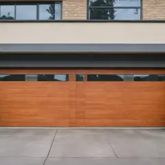Nowe, nowoczesne drzwi do garażu z drewnianym wykończeniem i przeszkleniami.