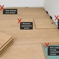 Źle położone panele: brak dylatacji, nierówne dopasowanie, użycie dystansów na stałe, brak lub nieprawidłowy montaż podkładu.