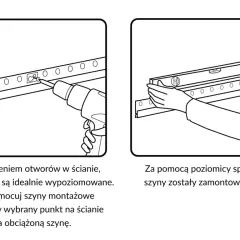 Wieszanie szafek na listwie: wkręcanie szyny montażowej w ścianę i sprawdzanie jej poziomu poziomicą.