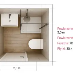 Projekt łazienki 2x3m z prysznicem 80x80cm i umywalką. Jasne płytki i drewnopodobne panele pomagają optycznie powiększyć łazienkę.