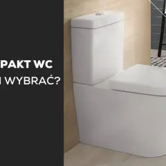 Nowoczesny kompakt WC w łazience. Biała ceramika, drewniane panele i czarno-biała mata.