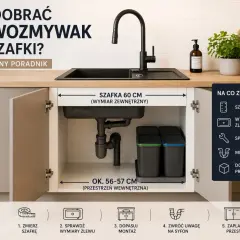 Poradnik: jak dobrać rodzaje zlewów kuchennych do szafki. Wymiary szafki 60 cm, przestrzeń wewnętrzna 56-57 cm.