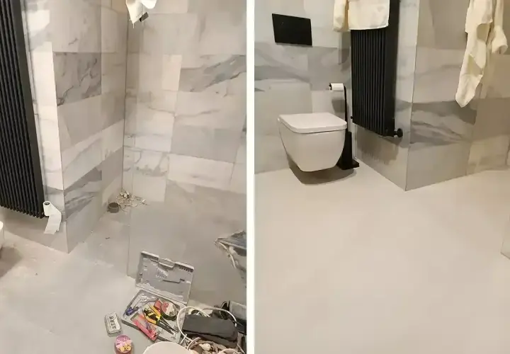 Łazienka przed i po remoncie. Wcześniej widoczne narzędzia i niedokończone prace, teraz eleganckie płytki na płytki i nowoczesna armatura.