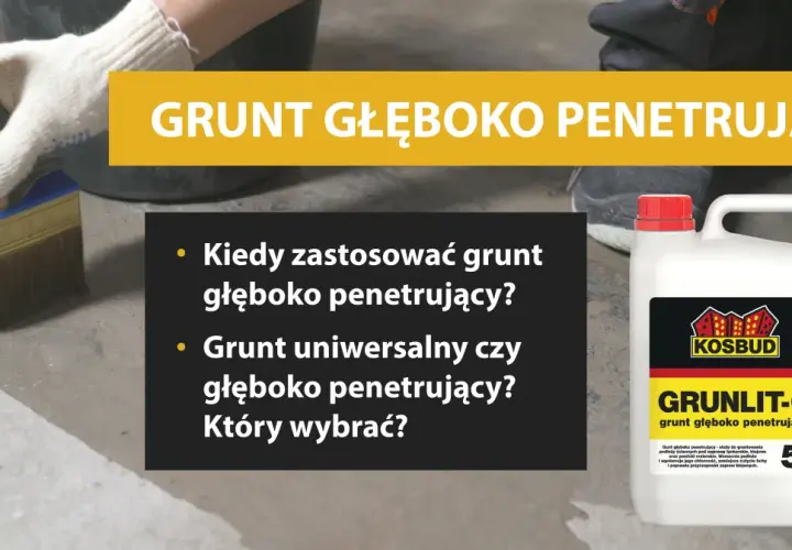 Ręka w rękawicy nakłada grunt głęboko penetrujący pędzlem na betonową posadzkę. Obok kanister z produktem.