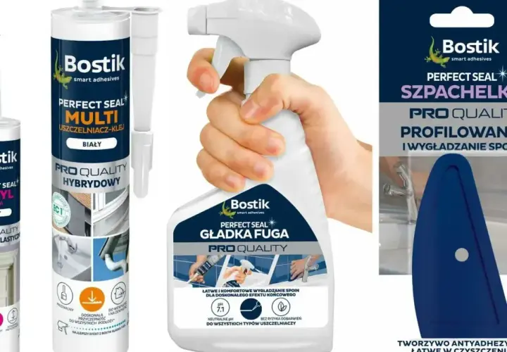 Bostik Perfect Seal: czym odtłuścić przed silikonowaniem? Zestaw zawiera uszczelniacz hybrydowy, wygładzacz fugi w sprayu i szpachelkę.
