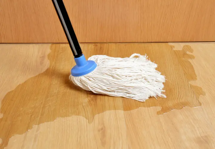 Mop na drewnianej podłodze, gdzie widać zalane panele na łączeniach. Woda rozlewa się po jasnym drewnie.