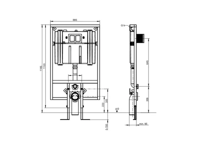Schemat zabudowy WC z wymiarami: szerokość 665 mm, wysokość 1185 mm, głębokość 95 mm.