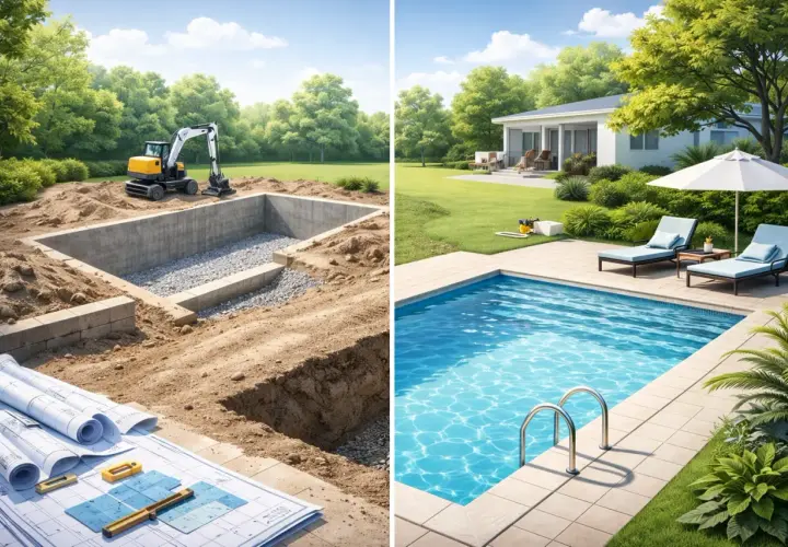 Budowa basenu w domu: od wykopu z koparką po gotowy, lśniący basen z leżakami.