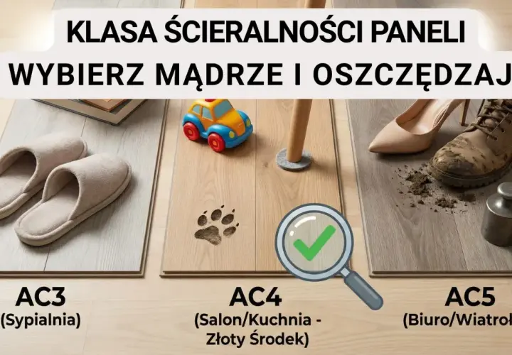 Panele podłogowe o różnej klasie ścieralności: AC3 (sypialnia), AC4 (salon/kuchnia) i AC5 (biuro/wiatrołap). Wybierz mądrze!