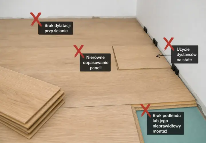 Źle położone panele: brak dylatacji, nierówne dopasowanie, użycie dystansów na stałe, brak lub nieprawidłowy montaż podkładu.