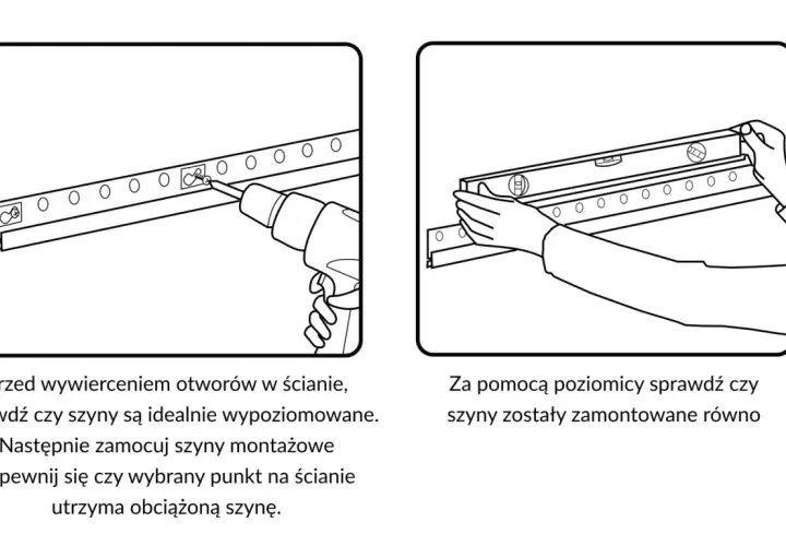 Wieszanie szafek na listwie: wkręcanie szyny montażowej w ścianę i sprawdzanie jej poziomu poziomicą.