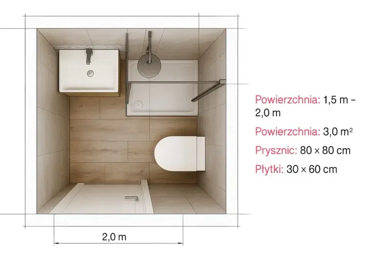 Projekt łazienki 2x3m z prysznicem 80x80cm i umywalką. Jasne płytki i drewnopodobne panele pomagają optycznie powiększyć łazienkę.