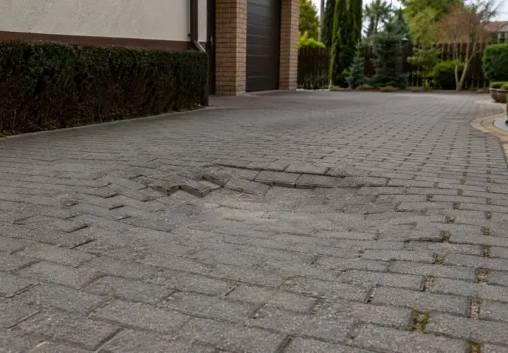 Uszkodzona kostka brukowa przy drzwiach wejściowych do garażu. Widać zapadnięte i przesunięte fragmenty nawierzchni.