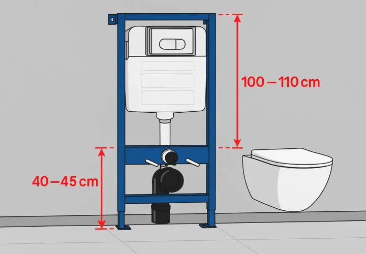 Schemat instalacji podtynkowej. Wymiary geberitu: wysokość 100-110 cm, odległość od podłogi do dolnej części spłuczki 40-45 cm.