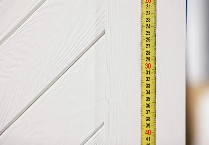 Miarka przy białej, drewnianej ścianie. Wskazuje 30 cm. Pytanie: jaki otwór pod drzwi przesuwne 80?