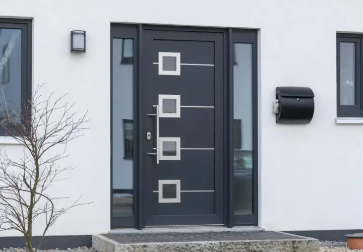 Nowoczesne drzwi zewnętrzne z przeszkleniami i ozdobnymi kwadratami. Oferujemy drzwi zewnętrzne montaż gratis.