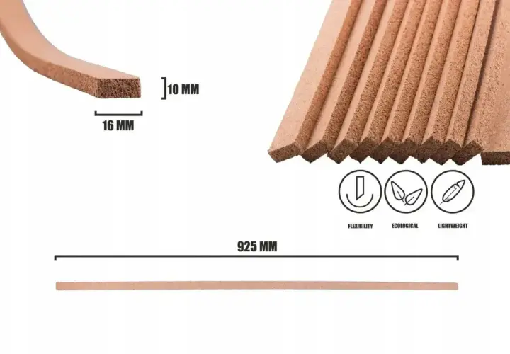 Elastyczne, ekologiczne paski korkowe do łączenia płytek z panelami. Wymiary 10x16 mm, długość 925 mm.
