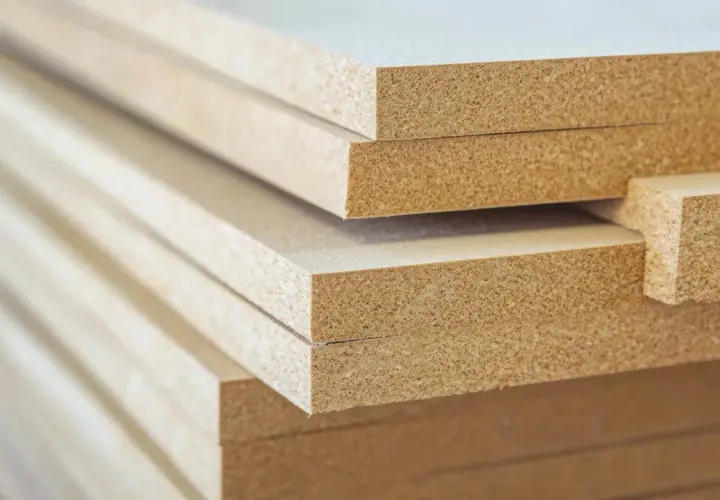Stos płyt laminowanych i mdf, gotowych do produkcji mebli.