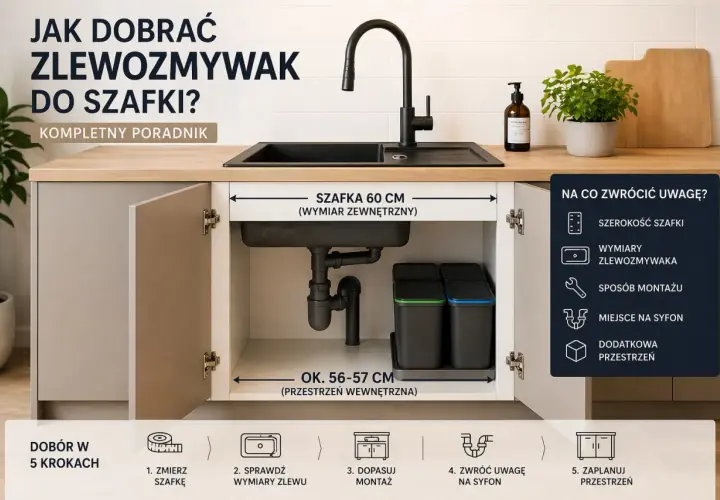Poradnik: jak dobrać rodzaje zlewów kuchennych do szafki. Wymiary szafki 60 cm, przestrzeń wewnętrzna 56-57 cm.