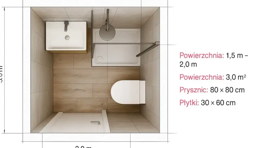 Jak zaprojektować łazienkę: schemat małej łazienki 2x2m z prysznicem, umywalką i WC. Wymiary i płytki.