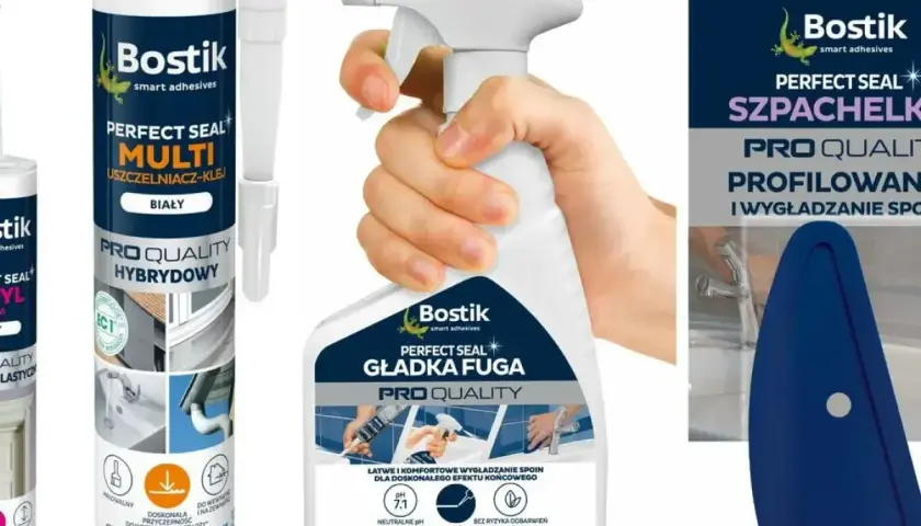 Bostik Perfect Seal: czym odtłuścić przed silikonowaniem? Zestaw zawiera uszczelniacz hybrydowy, wygładzacz fugi w sprayu i szpachelkę.
