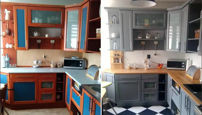 Przed i po: kuchnia z drewnianymi meblami i niebieskimi wstawkami, a po metamorfozie – elegancka kuchnia w odcieniach szarości. Czym pomalować meble kuchenne?