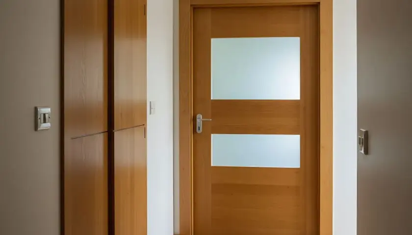 Nowoczesne drzwi z szybą, jak przerobić stare drzwi z szybą na nowoczesne. Drewniane drzwi z dwoma przeszkleniami i metalową klamką.