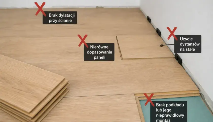 Źle położone panele: brak dylatacji, nierówne dopasowanie, użycie dystansów na stałe, brak lub nieprawidłowy montaż podkładu.