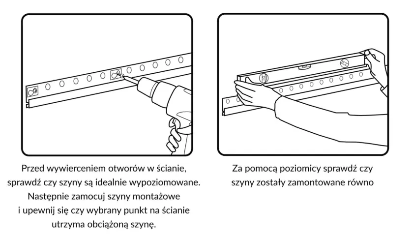 Wieszanie szafek na listwie: wkręcanie szyny montażowej w ścianę i sprawdzanie jej poziomu poziomicą.