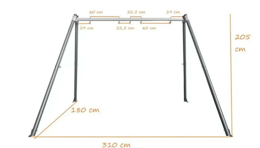 Wymiary huśtawki ogrodowej: wysokość 205 cm, szerokość 310 cm, głębokość 180 cm. Idealna do zrobienia huśtawki.