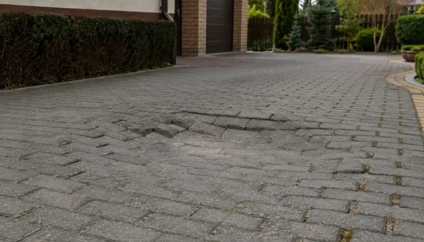 Uszkodzona kostka brukowa przy drzwiach wejściowych do garażu. Widać zapadnięte i przesunięte fragmenty nawierzchni.