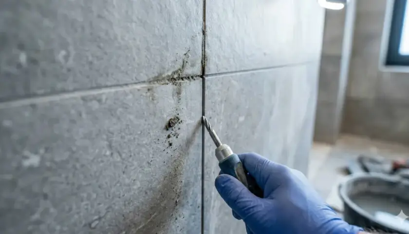 Ręka w niebieskiej rękawiczce usuwa starą fugę z szarej płytki, przygotowując do jej wymiany.