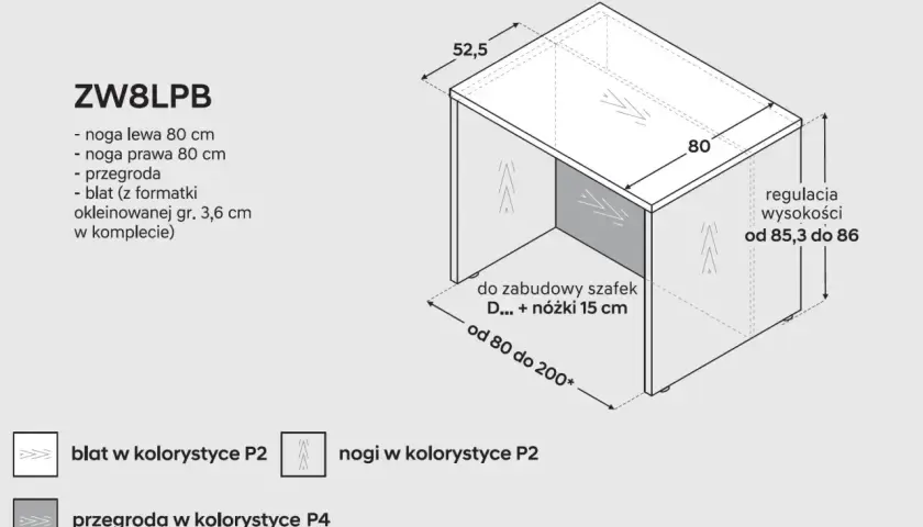 Schemat wyspy kuchennej z wymiarami: blat 80 cm, regulacja wysokości od 85,3 do 86 cm. Nogi 80 cm.