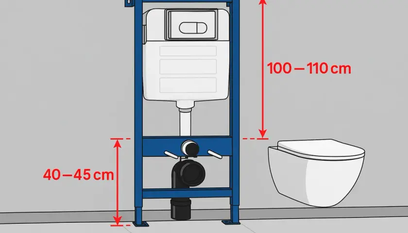 Schemat instalacji podtynkowej. Wymiary geberitu: wysokość 100-110 cm, odległość od podłogi do dolnej części spłuczki 40-45 cm.
