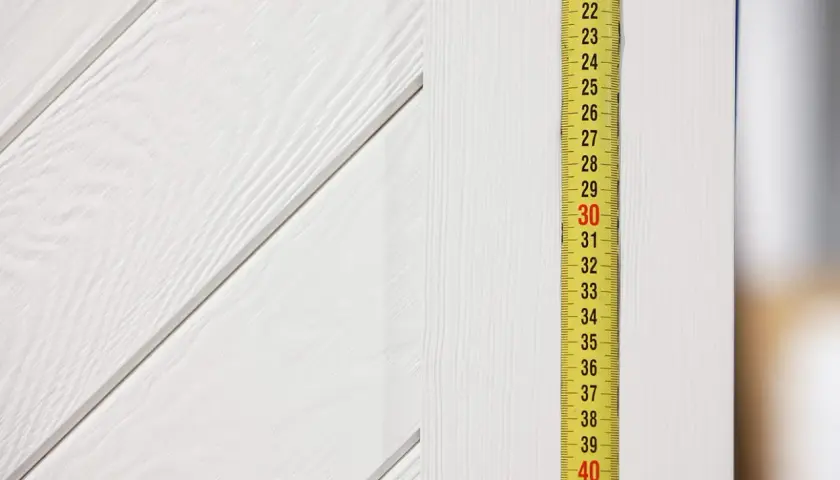 Miarka przy białej, drewnianej ścianie. Wskazuje 30 cm. Pytanie: jaki otwór pod drzwi przesuwne 80?