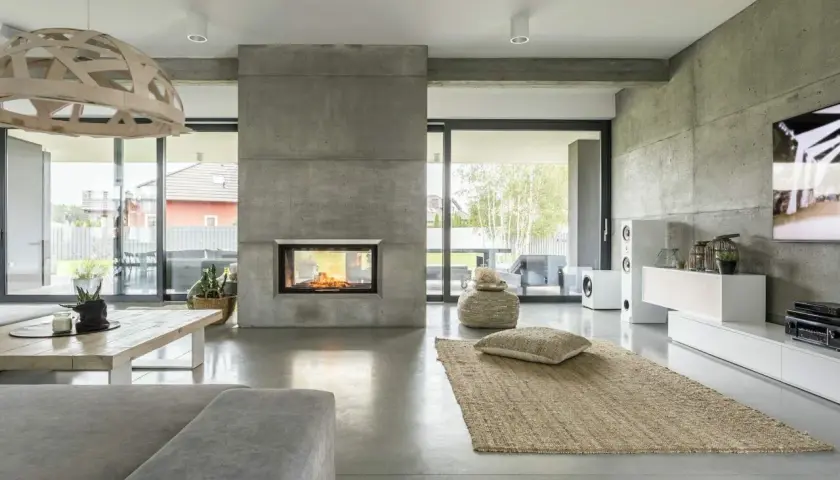 Nowoczesny salon z kominkiem i podłogą z betonu architektonicznego. To właśnie **co to jest mikrocement** – materiał imitujący beton, nadający wnętrzu surowy, ale elegancki charakter.