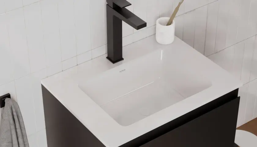 Nowoczesna łazienka z czarną baterią i umywalką OLTENS. To firma oferująca stylowe wyposażenie łazienek.