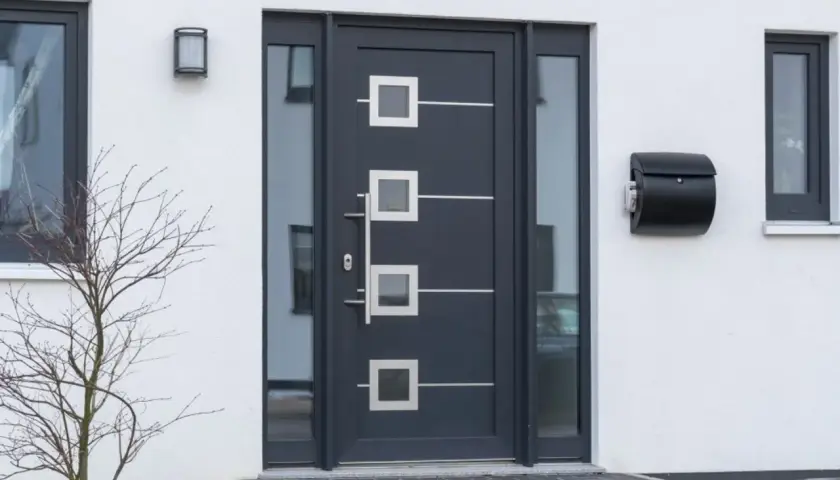 Nowoczesne drzwi zewnętrzne z przeszkleniami i ozdobnymi kwadratami. Oferujemy drzwi zewnętrzne montaż gratis.