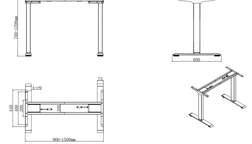 Schemat biurka z regulacją wysokości. Wymiary standardowe: 700-1200mm (wysokość), 960-1500mm (szerokość).