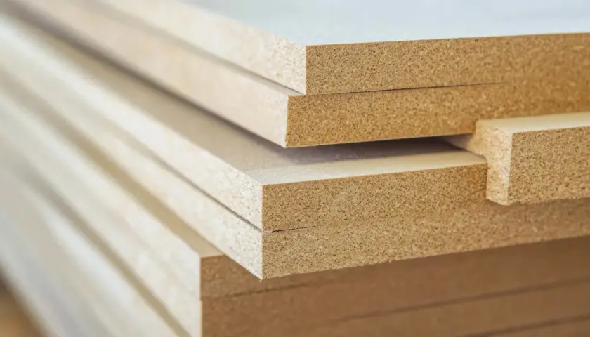 Stos płyt laminowanych i mdf, gotowych do produkcji mebli.