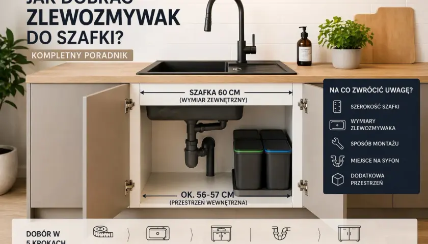 Poradnik: jak dobrać rodzaje zlewów kuchennych do szafki. Wymiary szafki 60 cm, przestrzeń wewnętrzna 56-57 cm.