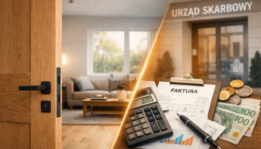 Drzwi do domu i faktura z pieniędzmi przed Urzędem Skarbowym. Czy drzwi wewnętrzne można odliczyć od podatku?