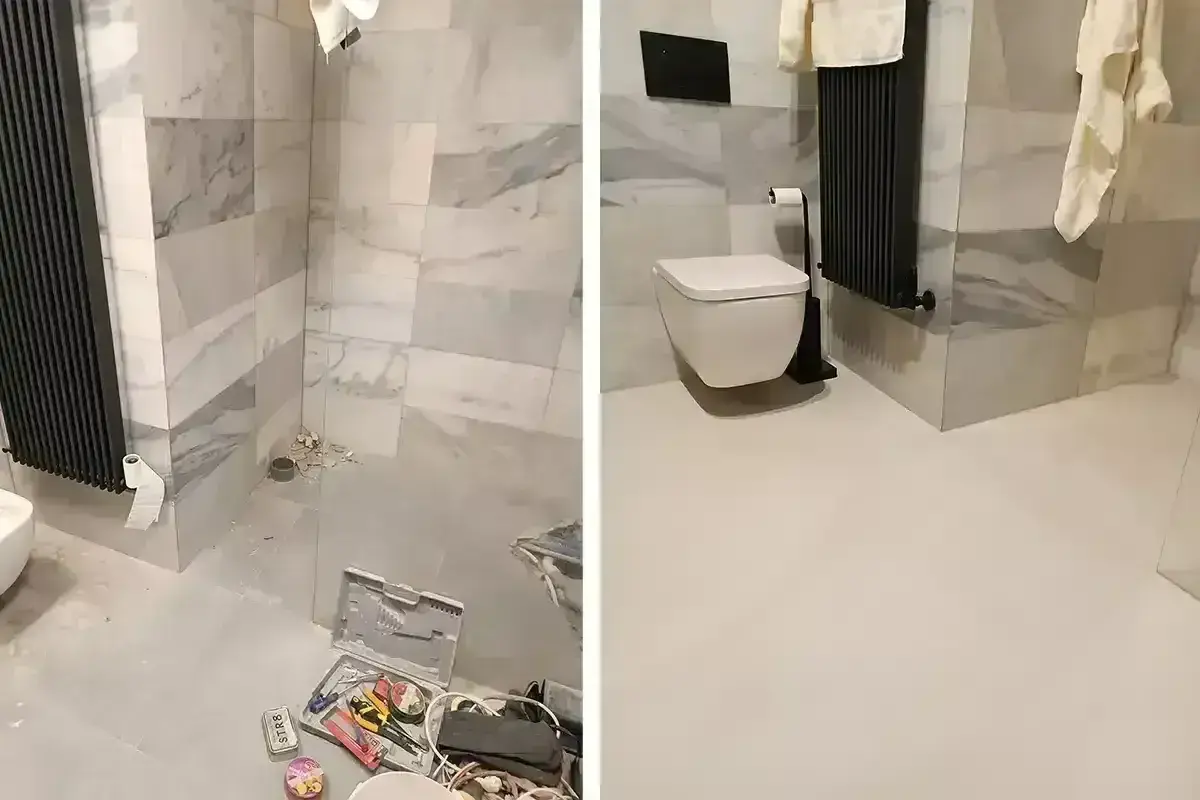 Łazienka przed i po remoncie. Wcześniej widoczne narzędzia i niedokończone prace, teraz eleganckie płytki na płytki i nowoczesna armatura.
