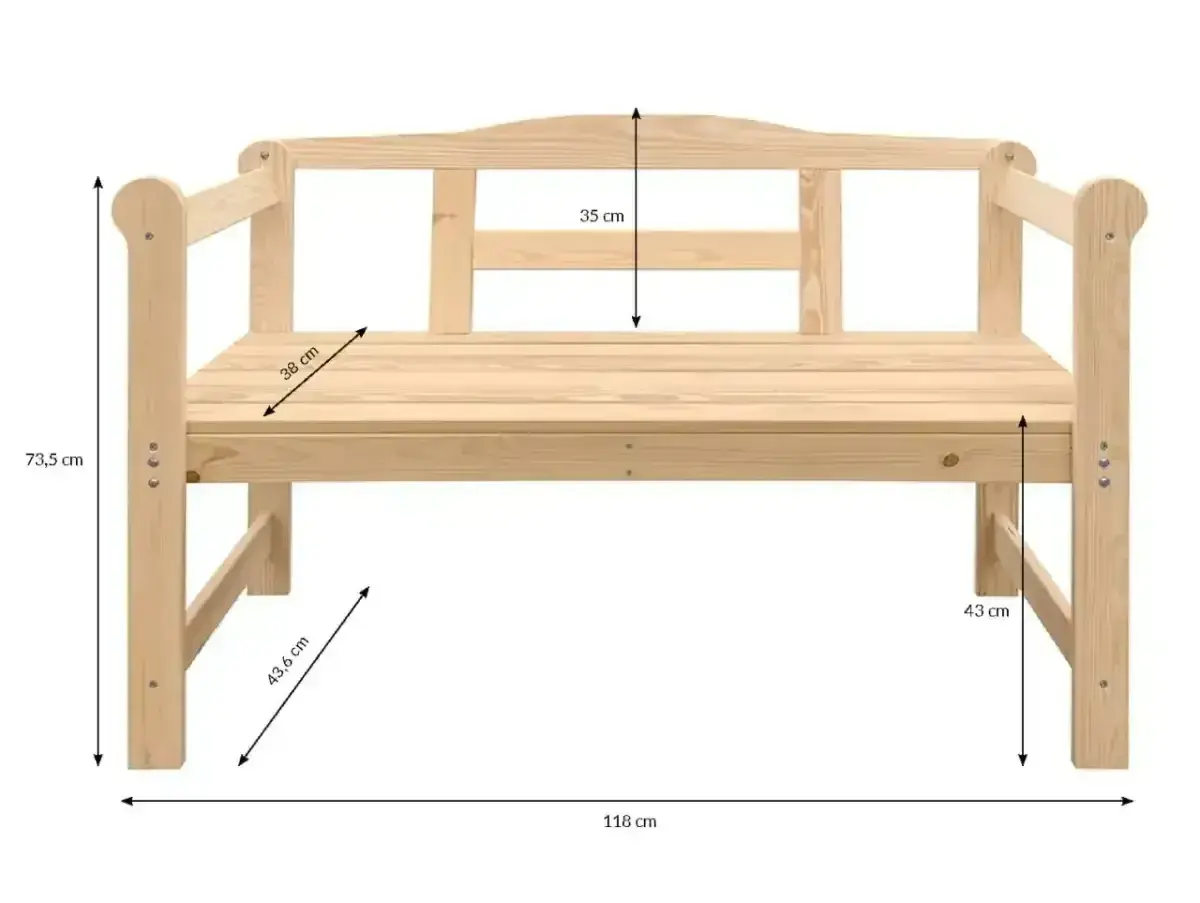 Drewniana ławka ogrodowa z widocznymi wymiarami: 118 cm szerokości, 73,5 cm wysokości całkowitej, 43 cm wysokości siedziska, 38 cm głębokości siedziska i 35 cm wysokości oparcia.