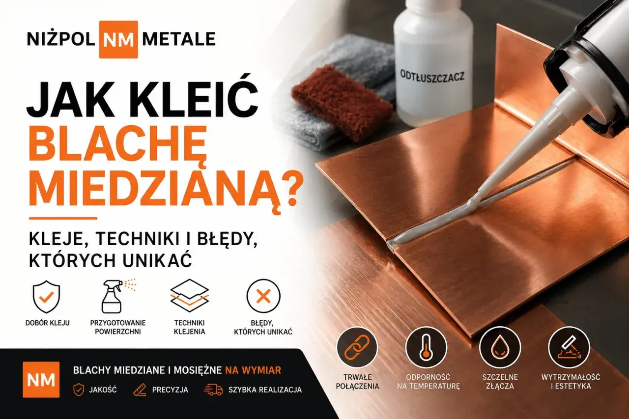 Płynny gwóźdź aplikowany na blachę miedzianą, obok butelki odtłuszczacza. Poradnik o klejeniu blach.